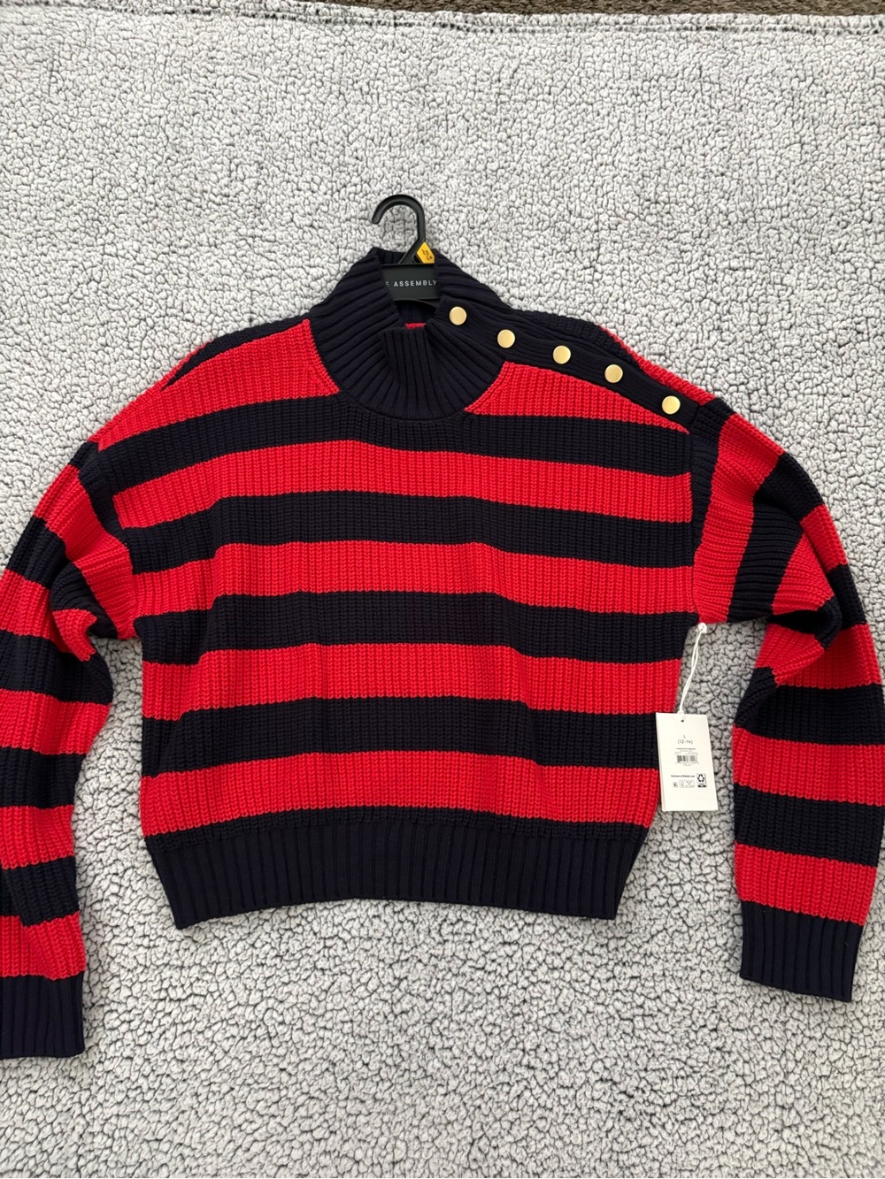 Assembly Label Red & Black Striped Mock-Neck Sweater with Gold Buttons